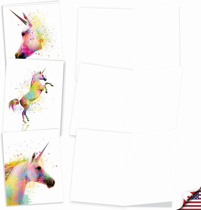 The Best Card Company Assorted Watercolor Animal Blank Greeting Card Box Set - Incl. 10 Unique Notecards Designs + Envelopes, Thank You, Invitations, More - Funky Rainbow Unicorns AM6748OCB-B1x10