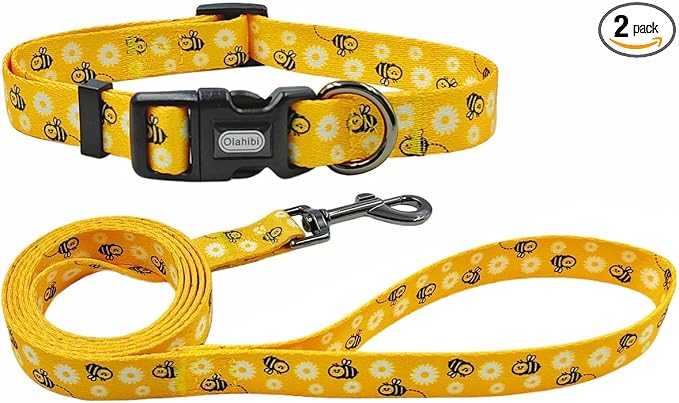 Dog Collar Leash Set, Floral Pattern, Polyester Material, Adjustable Collar and 5ft Matching Leash, for Large Dogs.(L, Bee Daisy)