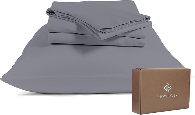 BIOWEAVES 100% Organic Cotton Sheets, 300 Thread Count 4-Piece GOTS Certified Bed Sheet Set Fits Mattress Upto 17" Deep Pocket, Soft & Silky Sateen Weave (Queen, Stone)