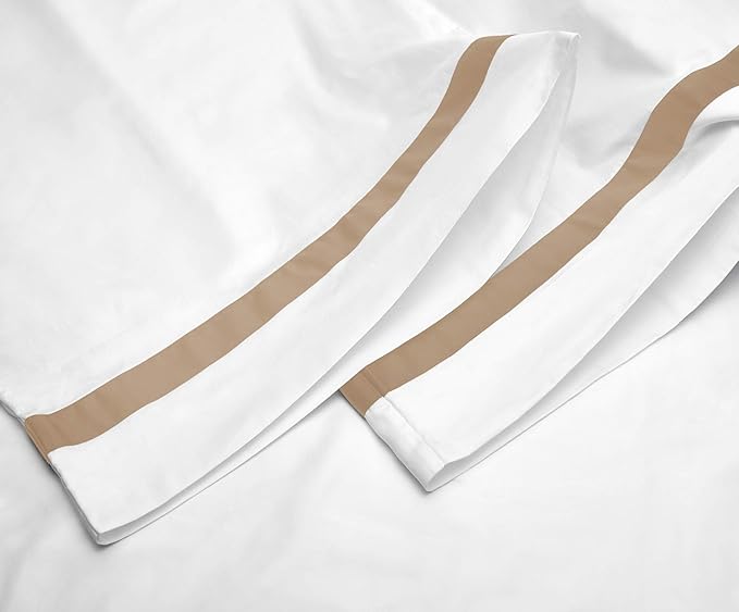 BIOWEAVES 100% Organic Cotton Banded Pillow Cases Soft Sateen Weave GOTS Certified – Standard/Queen Size, Set of 2, White & Sand