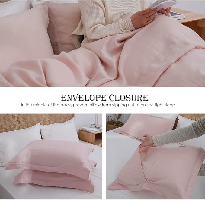 Simple&Opulence 100% Linen Duvet Cover Set 3pcs Basic Style Natural French Washed Flax Solid Color Soft Breathable Farmhouse Bedding with Button Closure - Blush Pink, Full