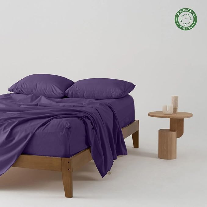 Pure 100% Certified Organic Cotton Bed Sheet Set 1000 Thread Count, 4 Piece Bedding Set, 24" Extra DEEP Pocket, Crisp and Cooling Sateen Weave, Eco-Friendly -(Plum, Short Queen)
