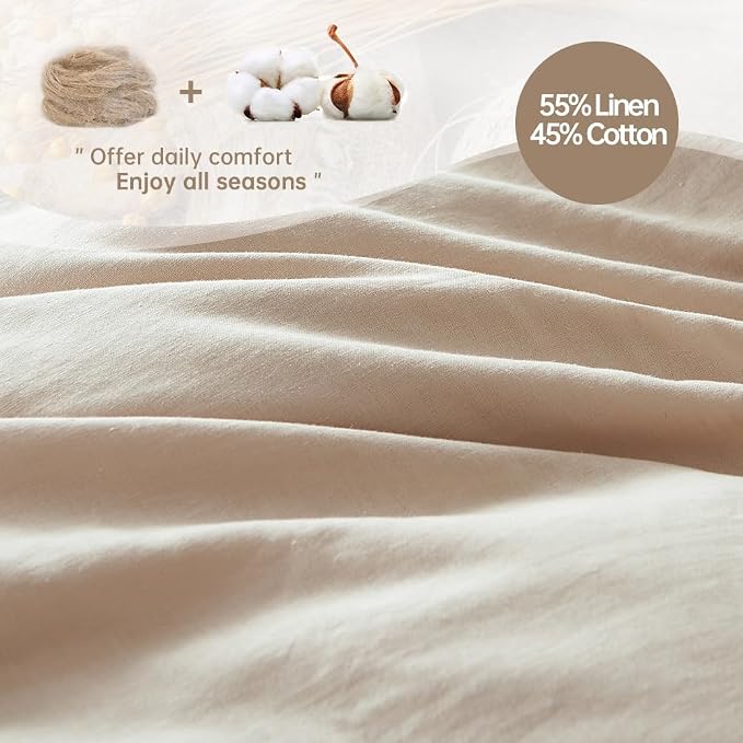 Simple&Opulence French Linen Duvet Cover Set 88" x 92"- 3 Pieces (1 Comforter Cover,2 Pillowcases)- Natural Flax Cotton Blend-Solid Color Breathable Farmhouse Bedding-Linen/Beige, Queen