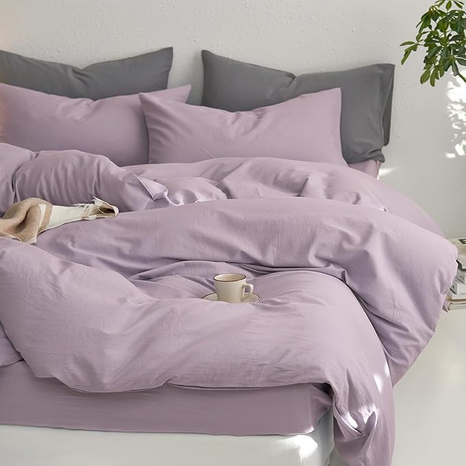 MooMee Queen Duvet Cover Set, 100% Washed Cotton Linen Like Twill Thick Sturdy Material Super Soft Breathable Durable Bedding for All Season, 3 Pieces (Lavender, Queen 90"x90")