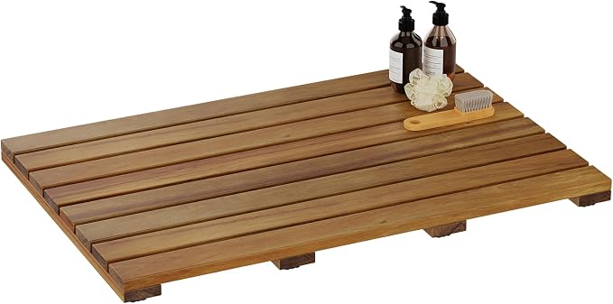 26"x16.9" Solid Acacia Wood Shower Mat, Non Slip Wooden Bath Mat, Indoor Outdoor Entryway Door Mat Multi-Purpose Plant Stand for Shower Bathtub Pool Spa Garden (Large)