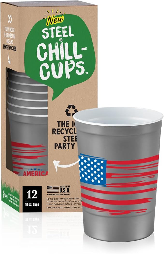 Steel Chill Cups 16 oz. Party Cup America the Beautiful Design for Cold Drinks, Durable, Disposable, Recyclable, Made in USA, Gray, 12 Count