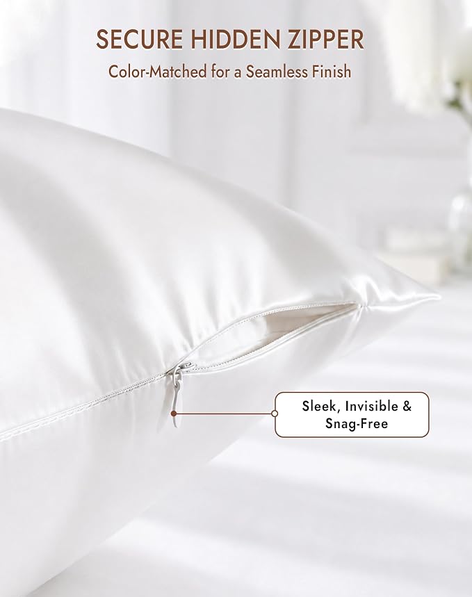 SilkSilky 100% Pure Organic Mulberry Silk Pillowcase for Hair & Skin, Both Sides Grade 6A Pillow Cases with Hidden Zipper, Breathable Cooling Silk for Beauty Sleep (King 20''x36'', White)