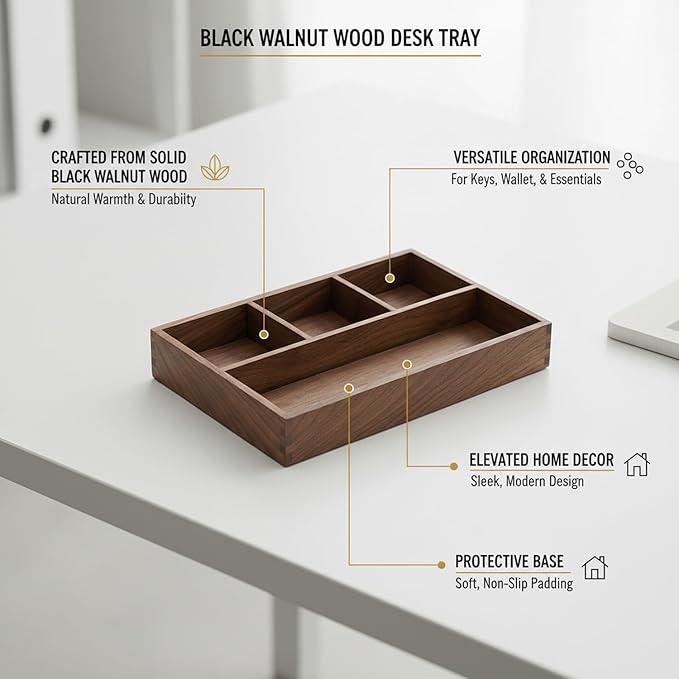 Solid Black Walnut Wood Desk Organizer Tray for Office, Entryway, and Home Storage