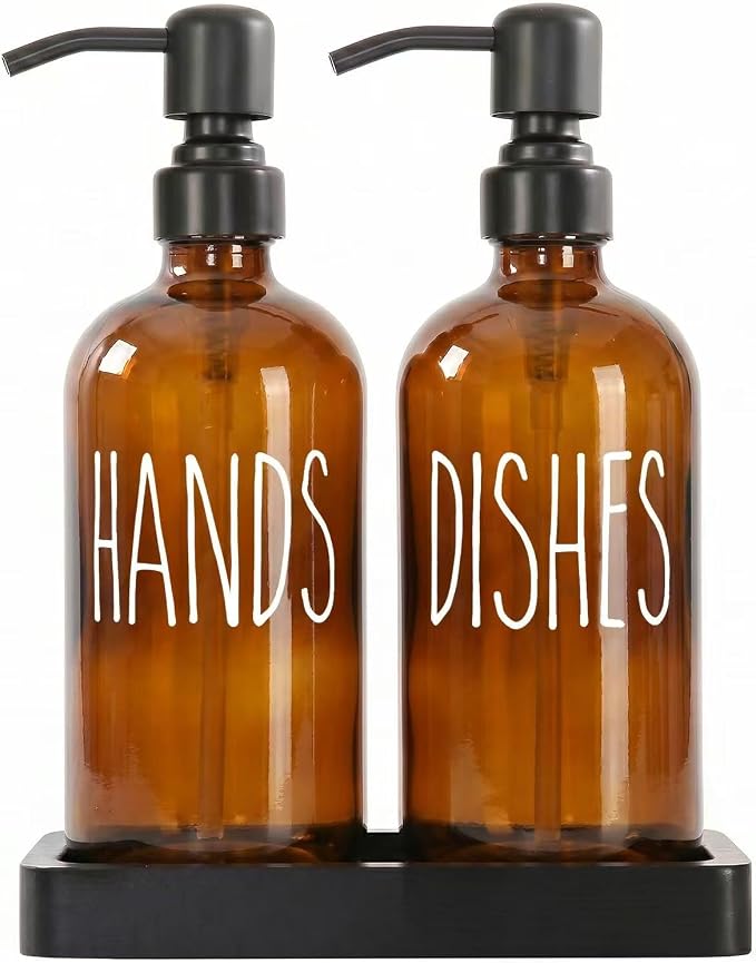 MOMEEMO Glass Soap Dispenser with Pump, Kitchen Sink Soap Dispenser with Ceramic Tray and Stainless Steel Pump, Suitable for Farmhouse Kitchen Decor. (Amber & Black)