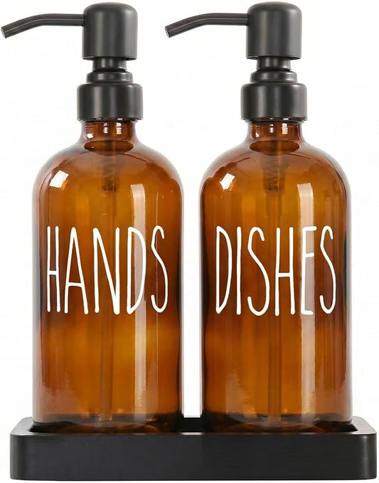 MOMEEMO Glass Soap Dispenser with Pump, Kitchen Sink Soap Dispenser with Ceramic Tray and Stainless Steel Pump, Suitable for Farmhouse Kitchen Decor. (Amber & Black)