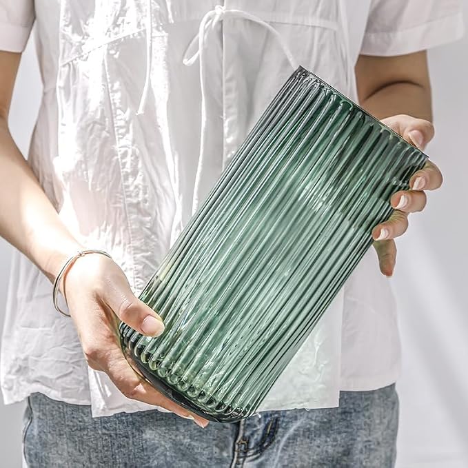 DECORPIA 10 Inch Premium Thickened Green Glass Vase - Ribbed Glass Flower Vase for Rustic Home Decor, Decorative Vases for Flowers for Modern Farmhouse, Ideal for Shelf, Mantle, Table Entryway Décor