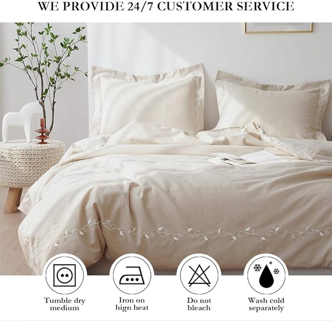 BISELINA French Linen Duvet Cover Set 3pcs Embroidered Willow Leaf 55% Flax 45% Cotton Blend Soft Breathable Luxury Bedding (King, Embroidery Linen)