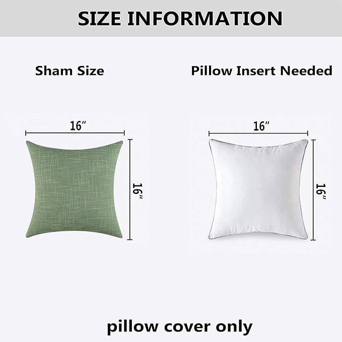 Kevin Textile Set of 2 Sage Green Pillow Covers 16 x 16 Inch Spring Farmhouse Boho Decorative Throw Pillow Covers Linen Cushion Covers for Sofa Couch Décor