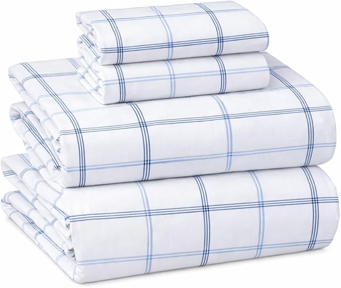 Briarwood Home® Printed Flannel Sheet Set, 100% Organic Cotton, Six-Fold Brushed, Super Soft, Warm, Deep Pocket Bedding with NanoTech Infuse for Enhanced Lasting Strength (Classic Blue Plaid, Queen)