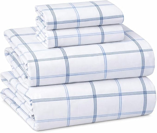 Briarwood Home® Printed Flannel Sheet Set, 100% Natural Cotton, Soft, Warm & Deep Pocket, Advanced Nano-Tech Making it Resistance to Pilling; Brushed 6 Times for Softness (Classic Blue Plaid, King)