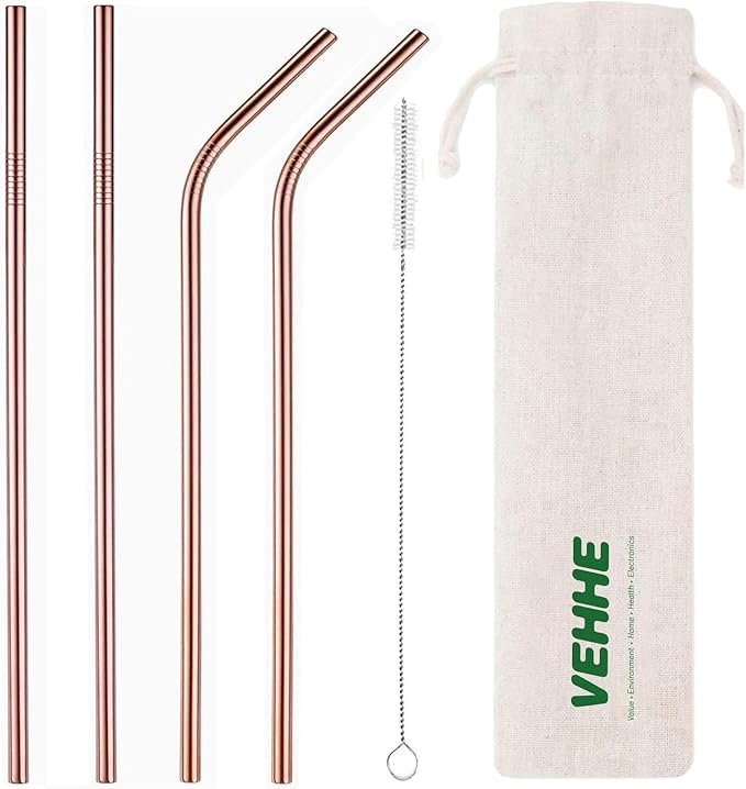 VEHHE Metal Straws Reusable Stainless Steel Straws Drinking Rose Gold 4 Set - Ultra Long 10.5" Cleaning Brush for 20/30 Oz for Yeti RTIC SIC Ozark