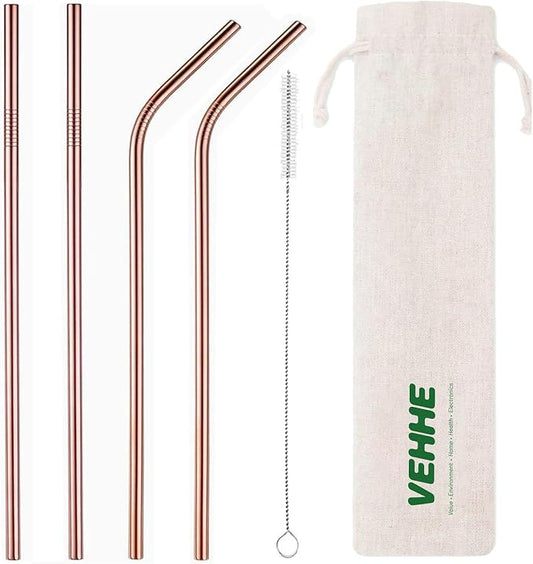 VEHHE Metal Straws Reusable Stainless Steel Straws Drinking Rose Gold 4 Set - Ultra Long 10.5" Cleaning Brush for 20/30 Oz for Yeti RTIC SIC Ozark