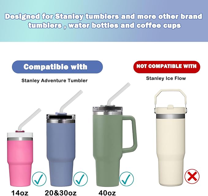 HEYSKAY Reusable Drinking Straws Replacement Bendy Silicone Straws Compatible with Stanley 20-40oz Tumblers and Other Brands with 2 Straw Brushes, Soft and Safe, Clear