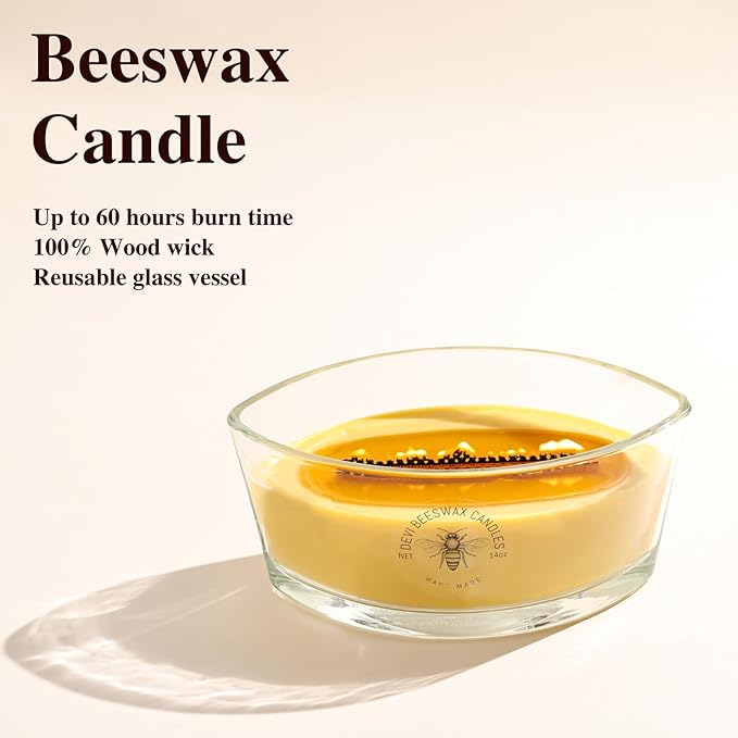 DEVI Pure Beeswax Candles Jar Candles 14oz, Large Bees Wax Candles for Home Unscented, Gifts for Women & Men, 60 Hours Burning, Non Toxic Candles, Paraffin-Free