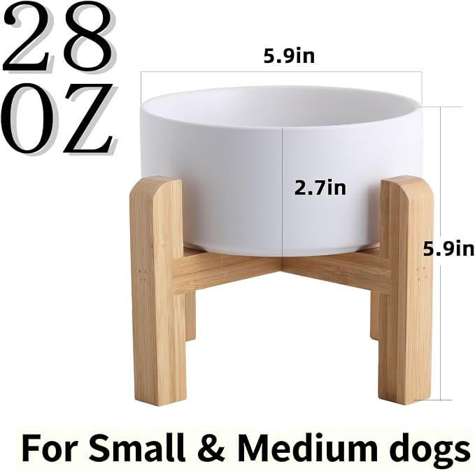 Elevated/Raised Ceramic Dog Bowl with Bamboo Stand，6 Inch 3.6 Cups Non Slip Heavy Weighted Single Pet Dish, for Small Medium Breed & Cats,Reduces Neck Strain White