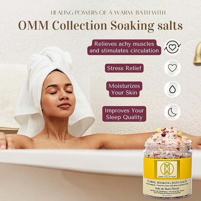 OMM Collection Natural Floral Soaking Bath Salt - Detox Body & Foot Soak - Bath Salt with Rose & Jasmine Petals - Pink Himalayan & Dead Sea Salt Flakes - Relaxing Bath Soak (Jasmin Rose)