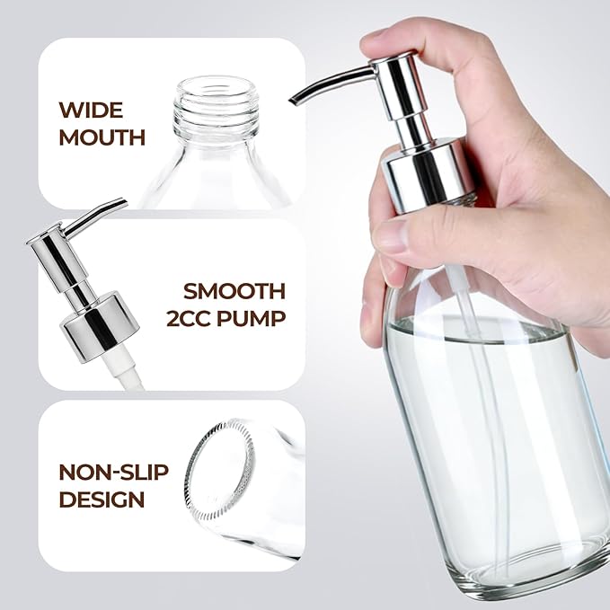 8 oz Clear Glass Pump Bottle, 250ml Small Lotion Dispenser Bottle for Body Massage Oil, Refillable Empty Hand and Dish Soap Dispensers Set with Plastic Silver Pump, Labels - 2 Pack