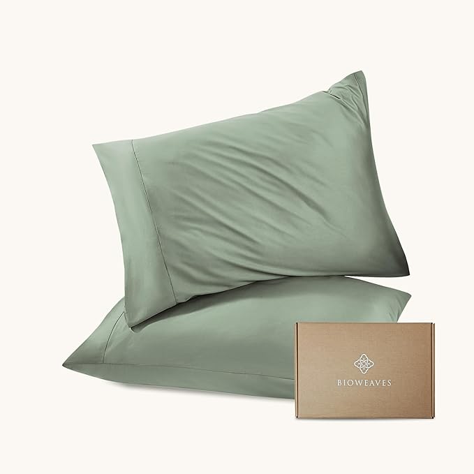 Bioweaves 100% Organic Cotton Envelope Pillow Cases 300 Thread Count Soft Sateen Weave GOTS Certified – 20 X 37, Set of 2, Basil