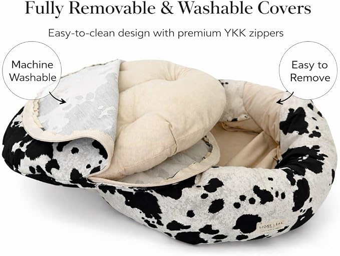 Round Dog Bed – Natural Canvas, Removable Washable Cover, Raw Cotton or Latex Fill, Hypoallergenic Non-Toxic, Made in USA (Cow Print Black White, X-Small, Firm Support – Raw Cotton)