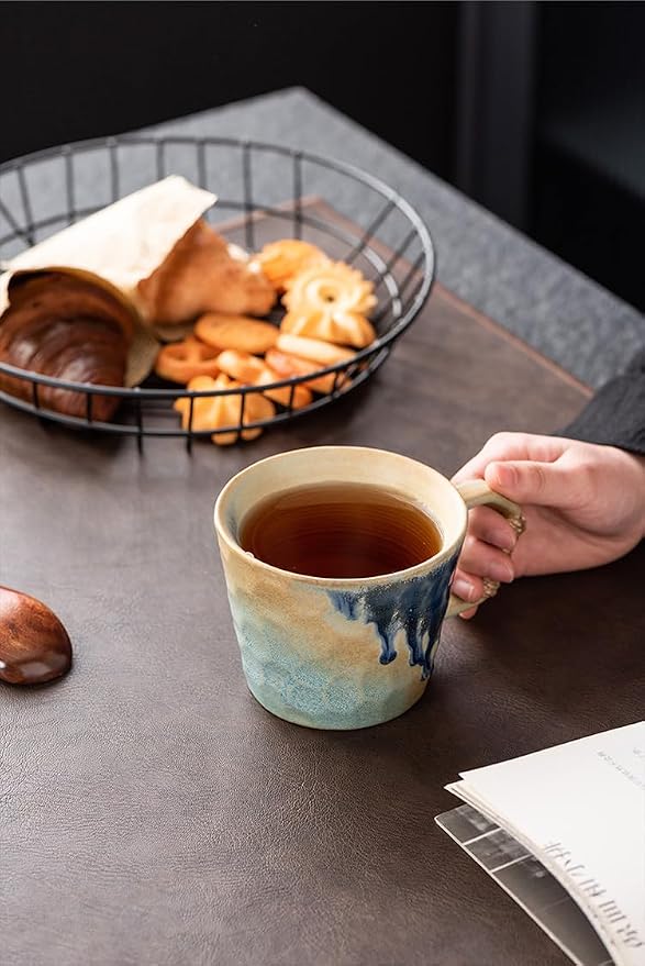 12oz retro Japanese pottery tea cup, handmade tea cup with comfy handle, retro ceramic mug with handle, lead-free reactive glaze, perfect for office & home (Pink)