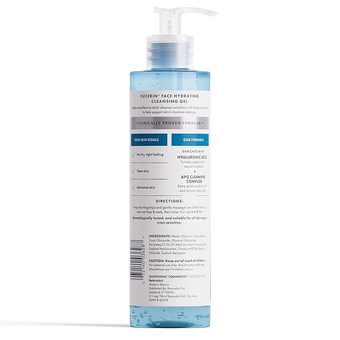Eucerin Face Gentle Cleansing Hydrating Cleansing Gel,Daily Face Wash and Makeup Remover with Hyaluronic Acid,13.5 Fl Oz Bottle,(Pack of 2)