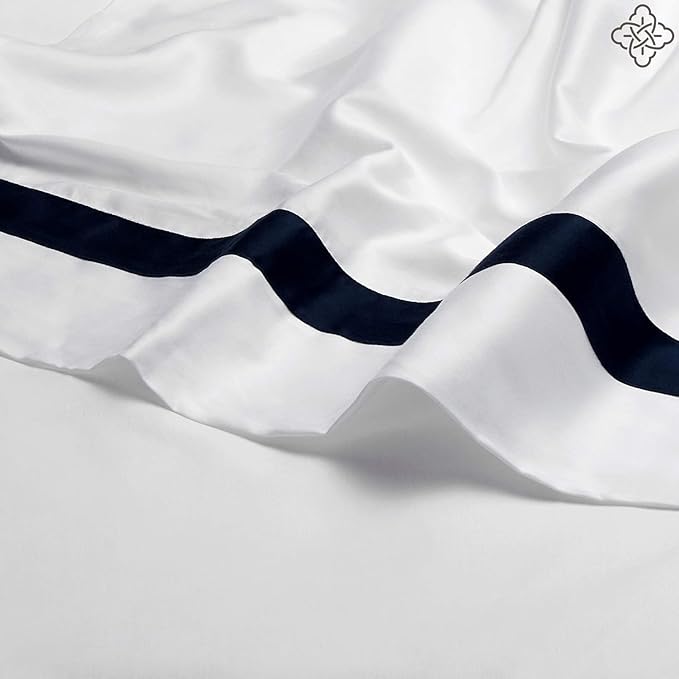 BIOWEAVES 100% Organic Cotton Banded Sheets Soft & Silky Sateen Weaves 4-Piece GOTS Certified Bed Sheet Set Fits Mattress Upto 17" Deep Pocket (Queen, White & Navy Blue)