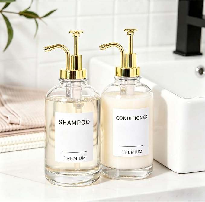 Dish Soap Dispenser for Kitchen, Hand Glass Soap Dispenser Set with Pump, Tray, Funnel for Bathroom, Shower, Laundry, Liquid, Lotion (Gold 2 Pack 18 Oz Clear Bottles with 12 Stickers)