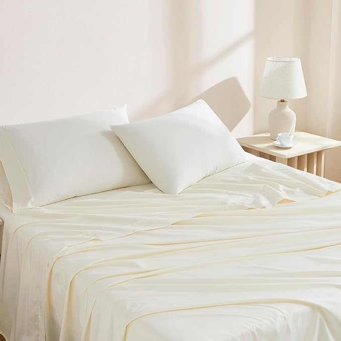 Linen Closet 100% Organic Cotton Full Size Sheets Set, 4 Pcs, Fresh Ivory - Percale Bed Sheets & Pillowcases Set - Up To 16" Deep Pocket Fitted Sheet - Cooling, Crisp & Breathable - For Hot Sleepers
