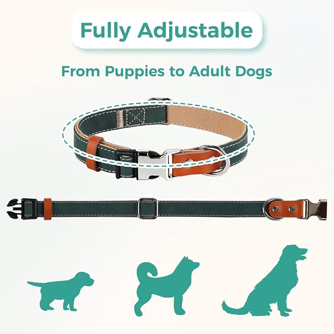 Dog Collar and Leash Set, PU Leather Dog Collar – Adjustable Eco-Friendly with Genuine Leather & Hemp, Soft Breathable Dog Collar Set for Small to Large Dogs (Green, M（12“-19”）)