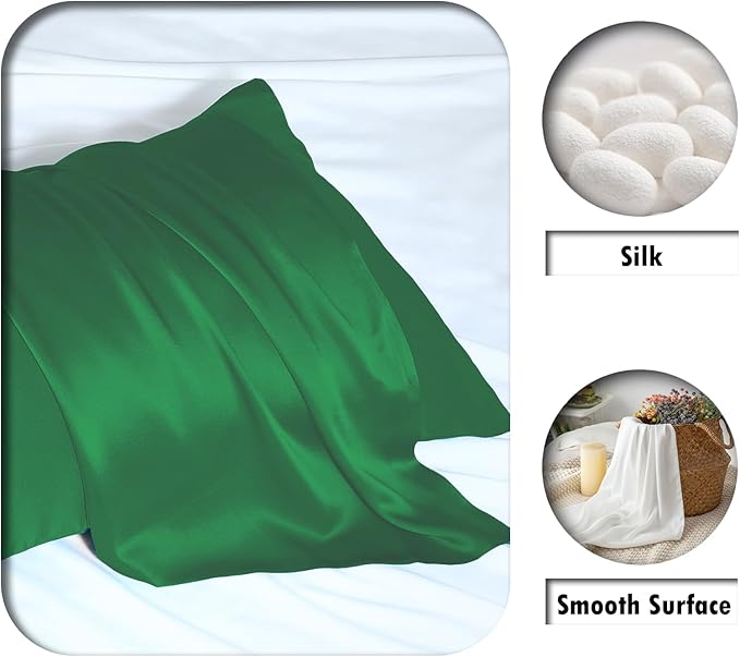 Silk Pillow Cases 2 Pack,Soft Breathable and Sliky Standard Size Pillow Cases Set of 2,Natural Mulberry Silk Pillowcase Set of 2 for Hair and Skin with Hidden Zipper (Olive Green,20"X 26",2pcs)