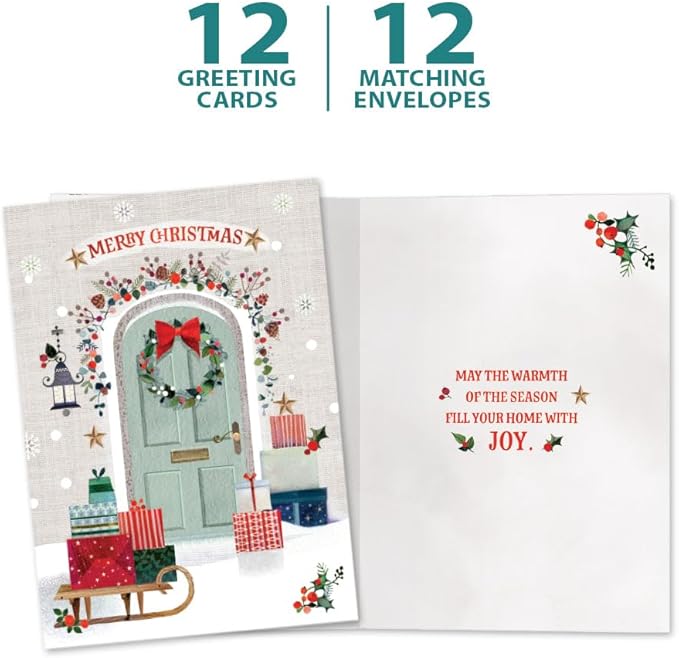 Tree-Free Greetings - Season's Greeting Cards - Artful Designs - 12 Cards + Matching Envelopes - Made in USA - 100% Recycled Paper - 5 x 7 - Festive Door (VP80731)