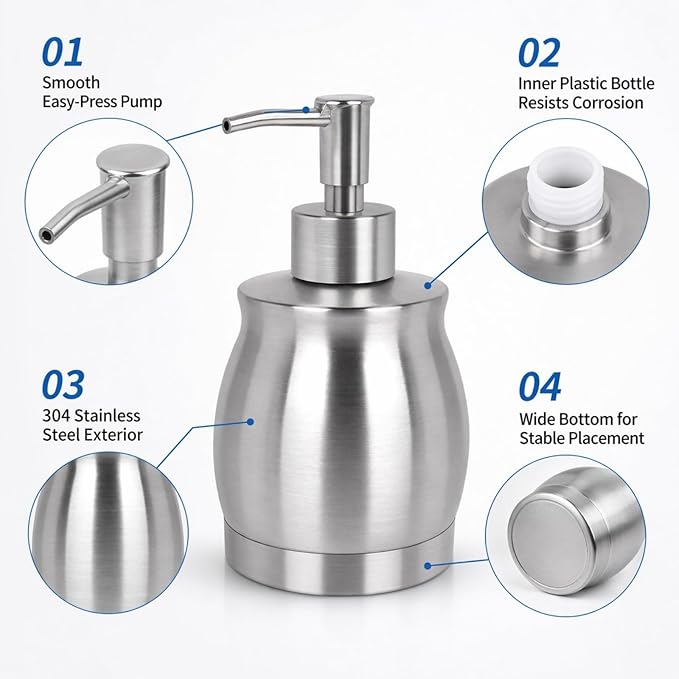 Stainless Steel Countertop Soap Dispenser Liquid Bottle and Pump, Suitable for Various Places Such as Kitchen and Bathroom (Brushed Nickel, 390 ml/13 oz)