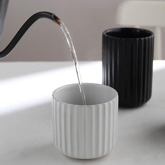 Nordic Ceramic Mug, Japanese Tea Cup 6oz Striped Cup No Handle Drinking Cup for Espresso, Cortado, Matcha, Green Tea, Microwave and Dishwasher Safe, Minimalist coffee Cup, Matte Black