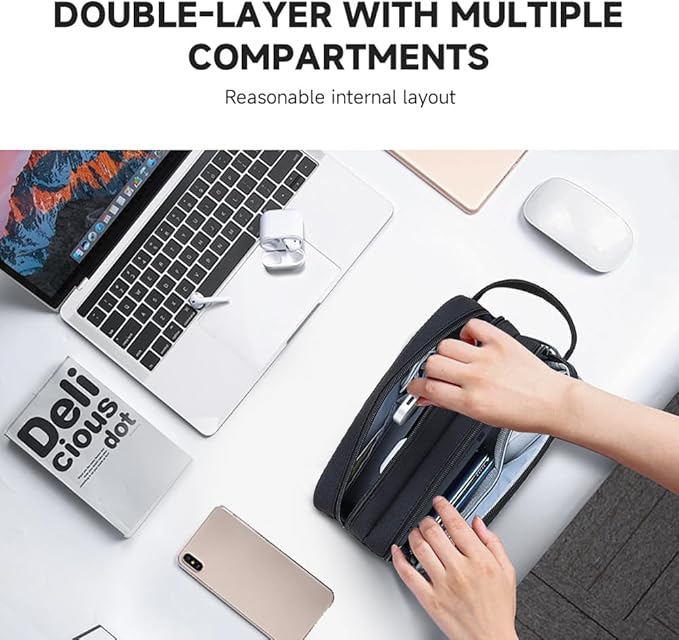 Teskyer Cable Organizer Bag, Travel Electronics Accessories Organiser, Protable Tech Pouch for Phone Chargers, Cables, Flash Drive, Power Bank, Hard Drive, Black, 23.5 x 12 x 9 cm, Double-Layer Cable