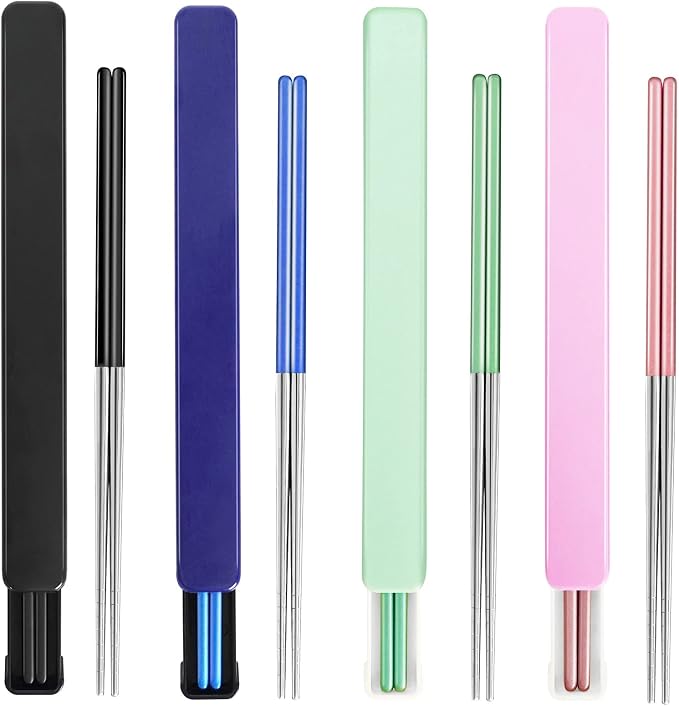 Portable Metal Chopsticks for Travel,Bento Box,Black Blue Green Pink,9'' | Reusable,Stainless Steel, Dishwasher Safe, With Case for Camping, Travel, Bento Box, Alternative to Wooden
