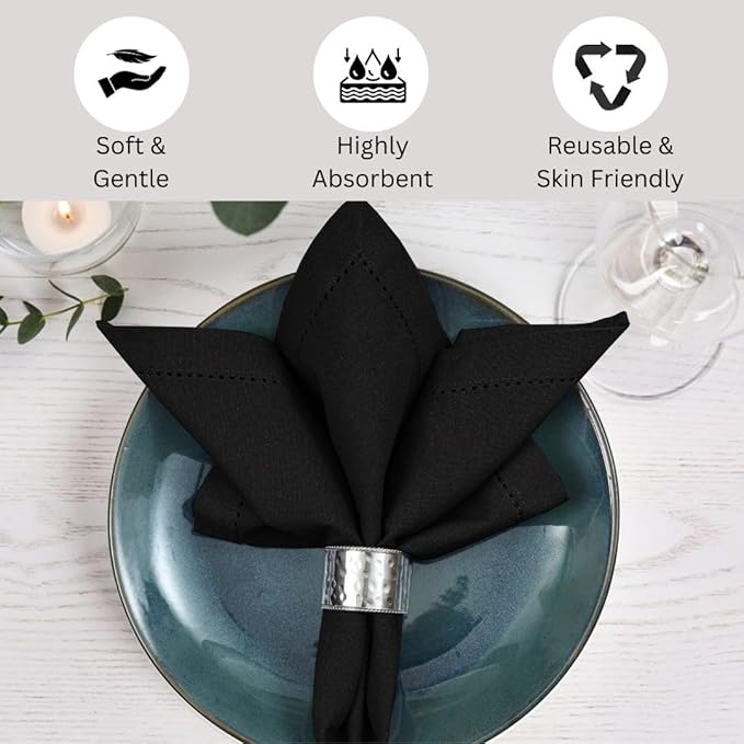 Hemstitch Cloth Dinner Napkins 100% Cotton Set of 6 - for Dining Special Occasions Weddings Parties Holidays Easter - Soft Durable Reusable - 18x18 Inch Table Cloth Napkins Black