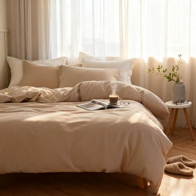 Simple&Opulence French Linen Duvet Cover Set 104"x 98"- 3 Pieces (1 Comforter Cover,2 Pillowcases)-Natural Flax Cotton Blend-Solid Color Breathable Farmhouse Bedding-Linen/Beige,California King