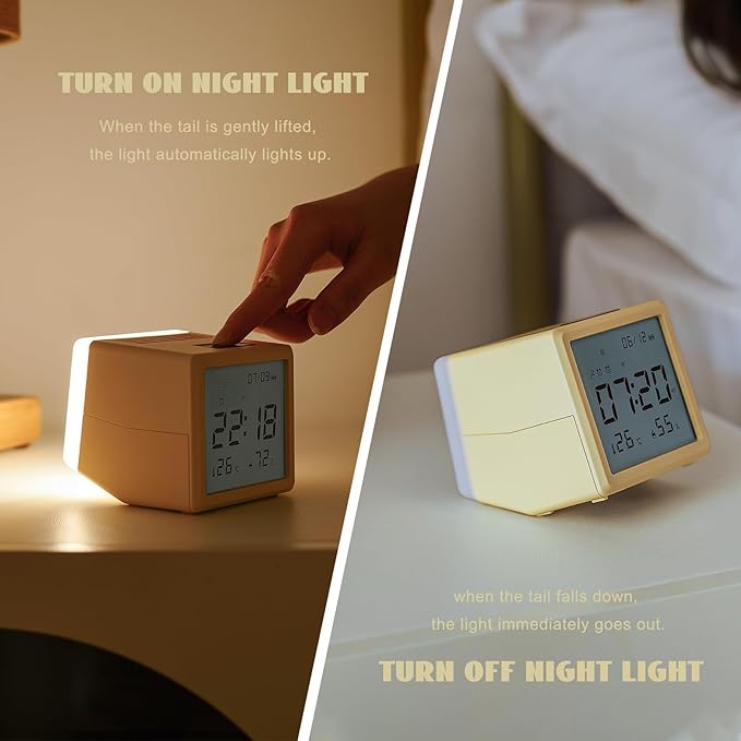 JUSTUP Digital Alarm Clock, Square Silent Alarm Clock with Night Light, Loud Alarm Clock for Heavy Sleepers with Date Temperature Display, Modern Decor Desk Clock Bedroom Office Room (White)