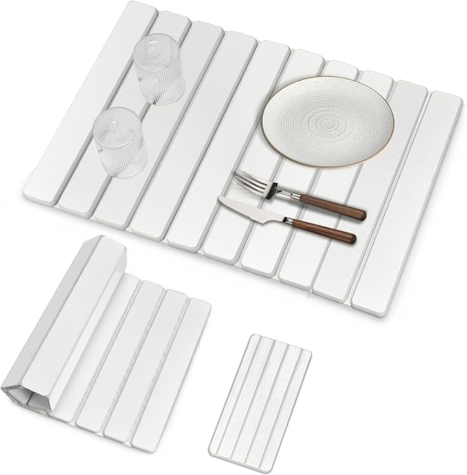 Large Stone Dish Drying Mat for Kitchen Counter, Foldable Quick Drying Dish Mats, Ultra Absorbent Diatomaceous Earth Mats for Dishes Bottles Cups, Match Any Countertop (White 24"×16" & 8"x4")