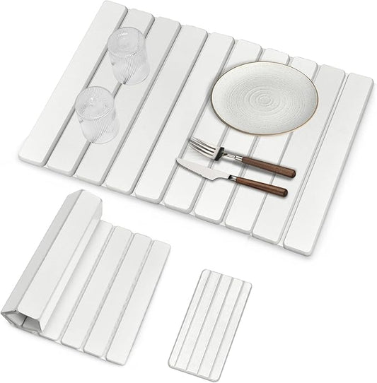 Large Stone Dish Drying Mat for Kitchen Counter, Foldable Quick Drying Dish Mats, Ultra Absorbent Diatomaceous Earth Mats for Dishes Bottles Cups, Match Any Countertop (White 24"×16" & 8"x4")