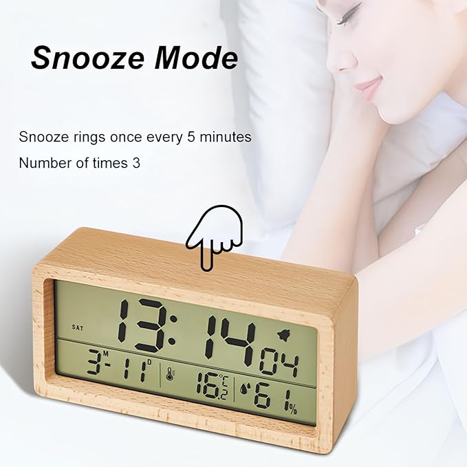 Electronic Wooden Alarm Clock with LCD Large Display Temperature Humidity Soft Nightlight Date Week 12/24 Hour Switch Snooze Mode Easy to Use for Students Office