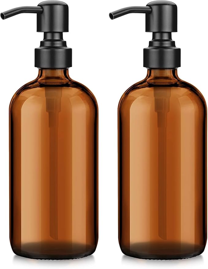 2 Pack Amber Glass Soap Dispenser，Dish Soap Dispenser Set, Modern Vintage Liquid Brown Soap Dispensers Bottle