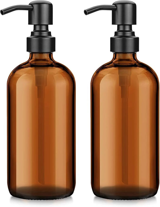 2 Pack Amber Glass Soap Dispenser，Dish Soap Dispenser Set, Modern Vintage Liquid Brown Soap Dispensers Bottle