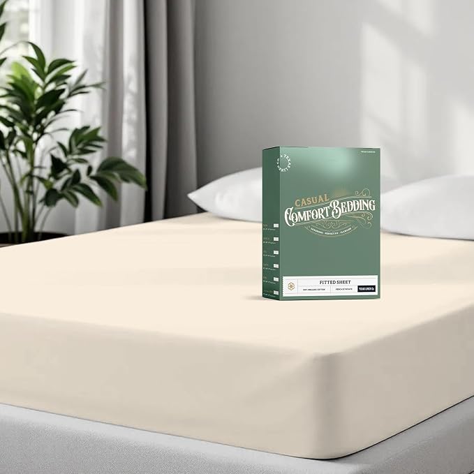 TEXAS LINEN CO. 100% Organic Cotton Percale Weave Fitted Sheet Twin XL Size, Ivory, 1 Deep Pocket Twin XL Fitted Sheet, Fits Mattress Upto 16" Crisp and Cool Bed Linen, Luxury GOTS Certified Sheets