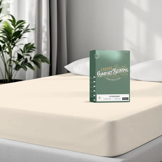 TEXAS LINEN CO. 100% Organic Cotton Percale Weave Fitted Sheet King Size, Ivory, 1 Deep Pocket King Fitted Sheet, Fits Mattress Upto 16" Crisp and Cool Bed Linen, Luxury GOTS Certified Sheets